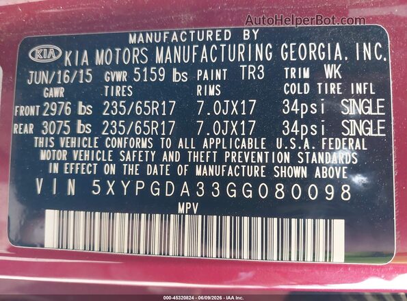 5XYPGDA33GG080098 2016 KIA SORENTO Burgundy Engine compartment view