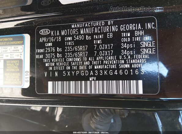 5XYPGDA33KG460163 2019 KIA SORENTO Black ძრავის განყოფილების ხედი