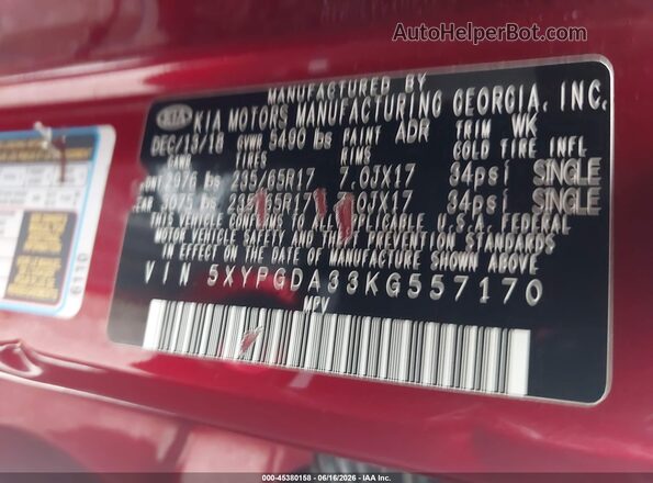 5XYPGDA33KG557170 2019 KIA SORENTO Красный Вид подкапотного пространства