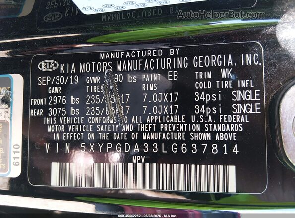 5XYPGDA33LG637814 2020 KIA SORENTO Black Vista del compartimento del motor