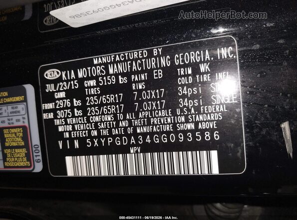 5XYPGDA34GG093586 2016 KIA SORENTO Черный Вид подкапотного пространства