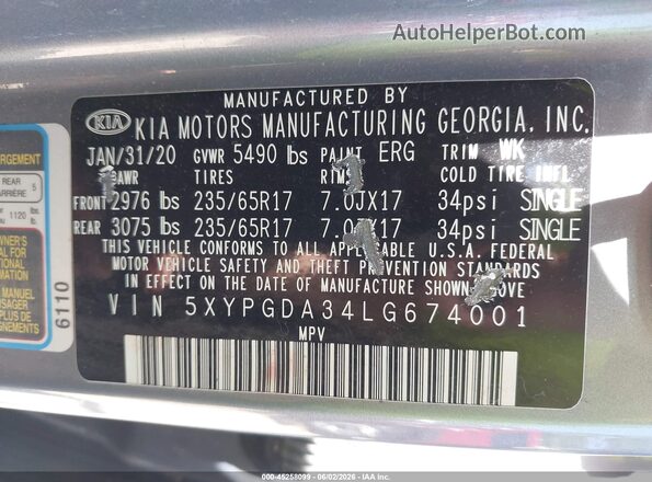 5XYPGDA34LG674001 2020 KIA SORENTO Gray Vista del compartimento del motor