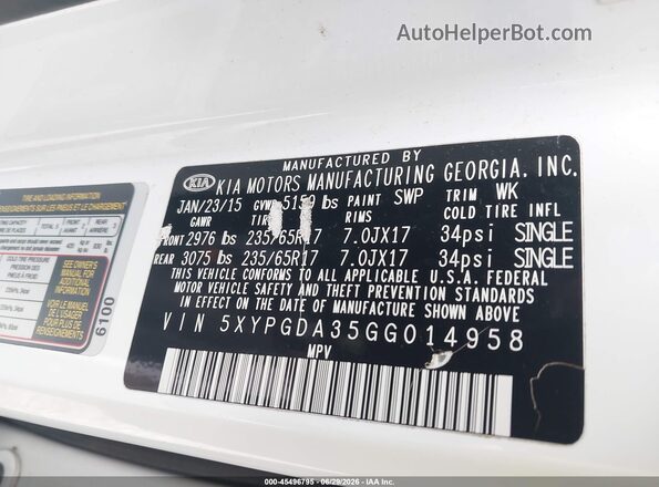 5XYPGDA35GG014958 2016 KIA SORENTO White Շարժիչի բաժամունքի տեսք