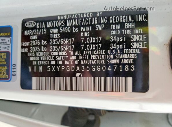 5XYPGDA35GG047183 2016 KIA SORENTO White 
