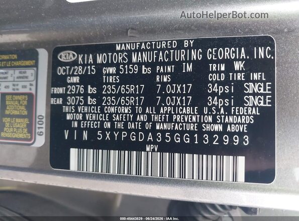5XYPGDA35GG132993 2016 KIA SORENTO Gray ძრავის განყოფილების ხედი