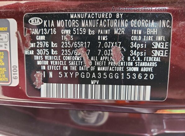 5XYPGDA35GG153620 2016 KIA SORENTO Burgundy 