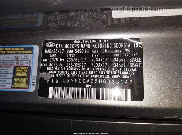 5XYPGDA35HG335142 2017 KIA SORENTO Gray Вид підкапотного простору