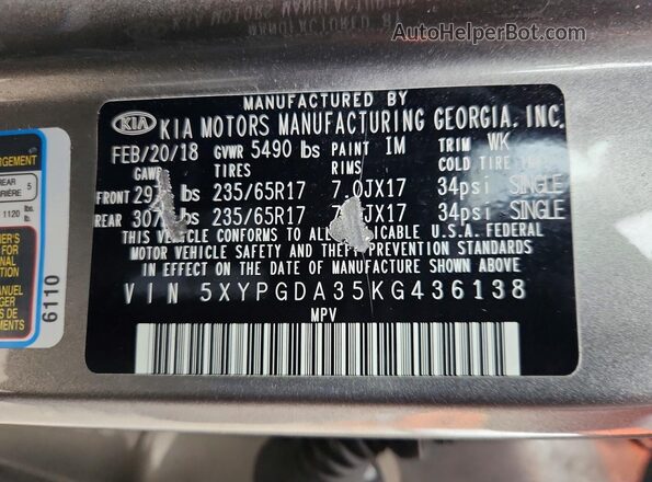 5XYPGDA35KG436138 2019 KIA SORENTO Gray VIN კოდის სტიკერის ხედი
