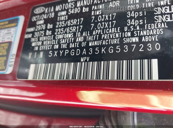 5XYPGDA35KG537230 2019 KIA SORENTO Red Вид підкапотного простору