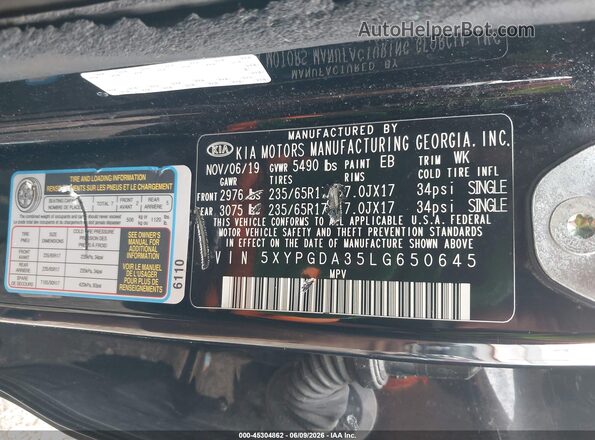 5XYPGDA35LG650645 2020 KIA SORENTO Black Widok komory silnika