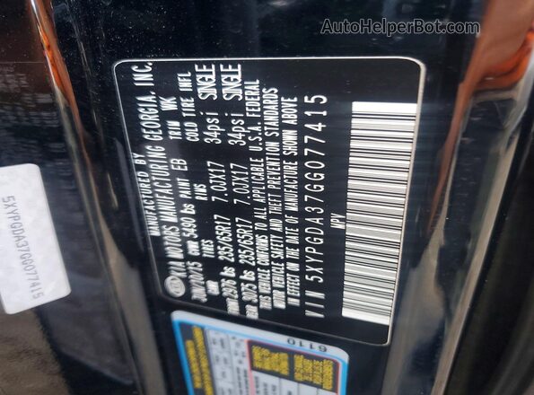 5XYPGDA37GG077415 2016 KIA SORENTO Black Widok naklejki z numerem VIN