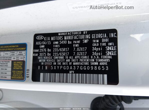 5XYPGDA37GG098653 2016 KIA SORENTO White ძრავის განყოფილების ხედი