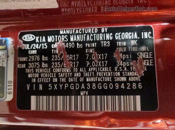 5XYPGDA38GG094286 2016 KIA SORENTO Red 