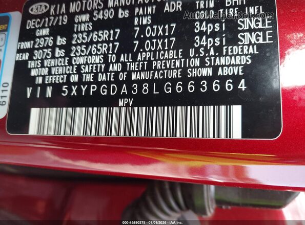 5XYPGDA38LG663664 2020 KIA SORENTO Red Vista del compartimento del motor
