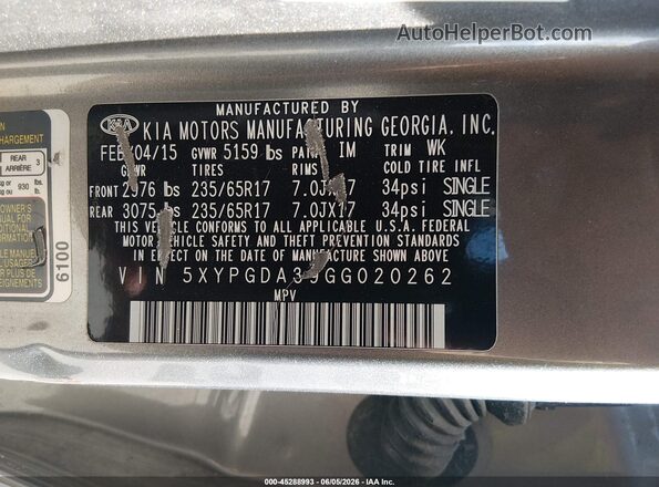 5XYPGDA39GG020262 2016 KIA SORENTO Серый Вид подкапотного пространства
