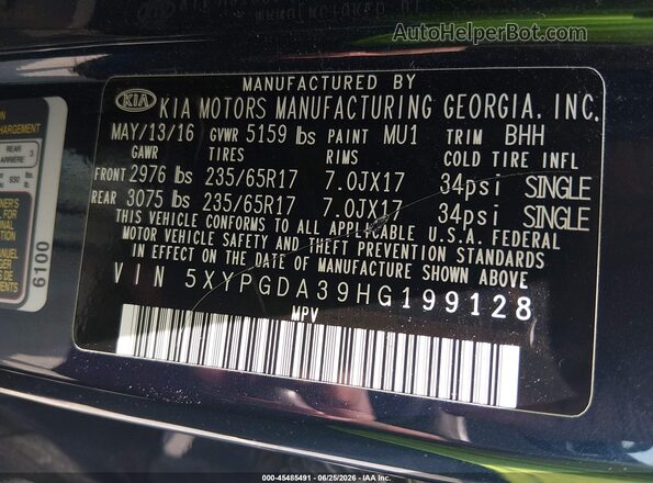 5XYPGDA39HG199128 2017 KIA SORENTO Blue Engine compartment view