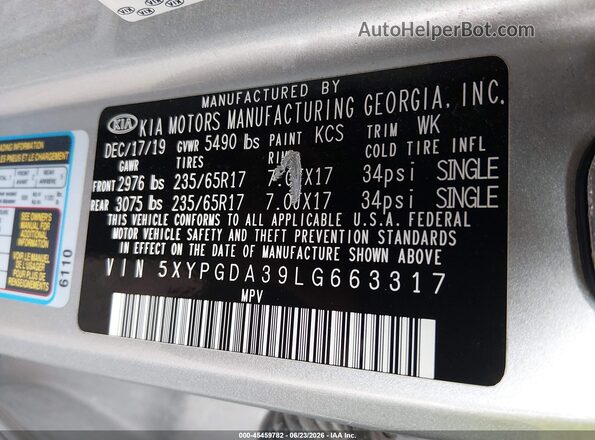 5XYPGDA39LG663317 2020 KIA SORENTO Серебряный Вид подкапотного пространства