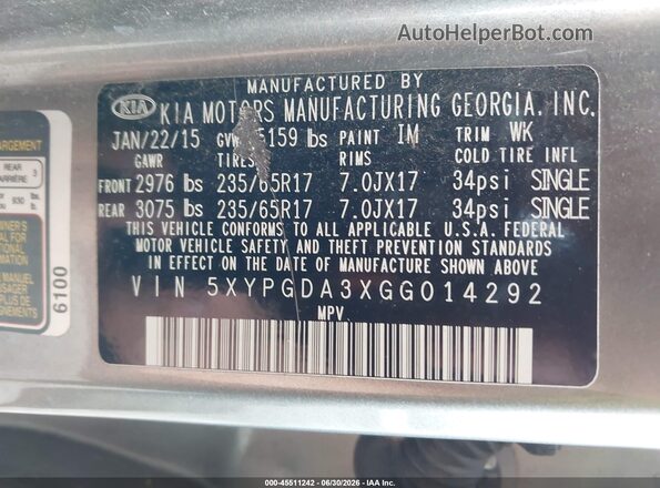 5XYPGDA3XGG014292 2016 KIA SORENTO Gray Vista del compartimento del motor