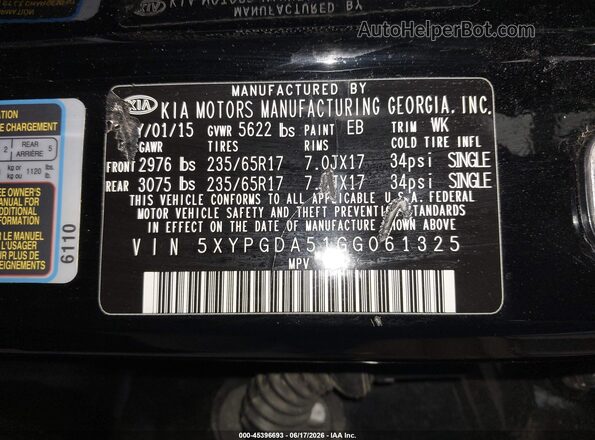 5XYPGDA51GG061325 2016 KIA SORENTO Black 