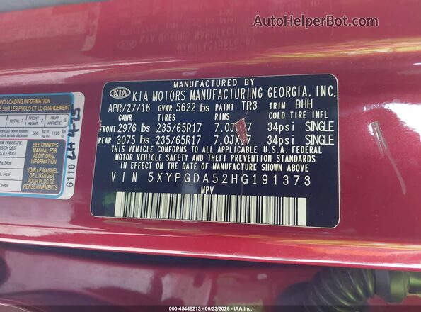 5XYPGDA52HG191373 2017 KIA SORENTO Red Вид підкапотного простору