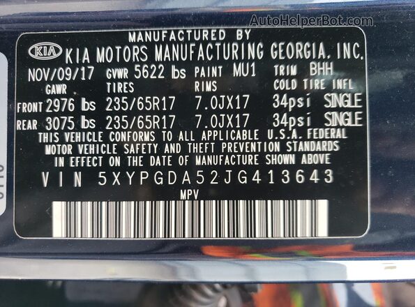 5XYPGDA52JG413643 2018 KIA SORENTO Blue 