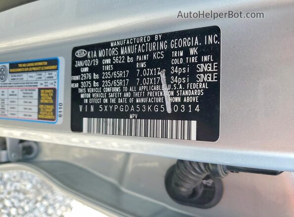 5XYPGDA53KG560314 2019 KIA SORENTO Серебряный Вид наклейки с VIN-кодом