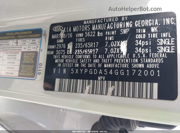5XYPGDA54GG172001 2016 KIA SORENTO White Engine compartment view