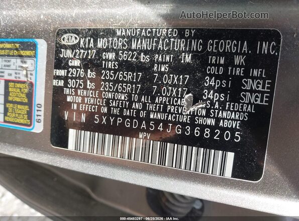 5XYPGDA54JG368205 2018 KIA SORENTO Gray Вид підкапотного простору