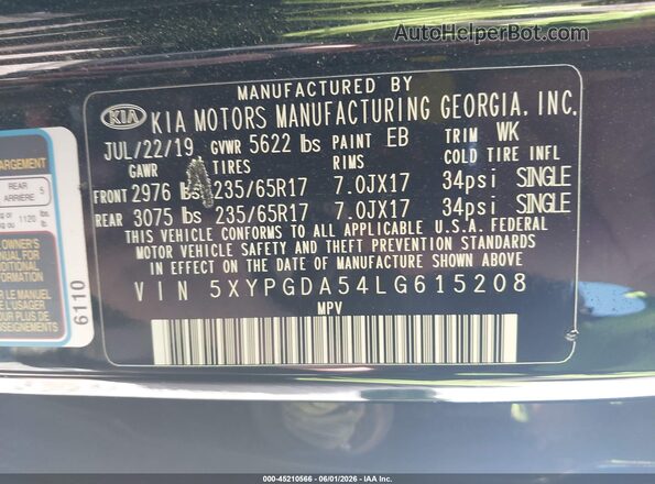 5XYPGDA54LG615208 2020 KIA SORENTO Черный Вид подкапотного пространства