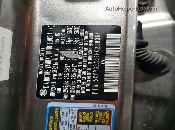 5XYPGDA56HG218364 2017 KIA SORENTO Gray VIN კოდის სტიკერის ხედი