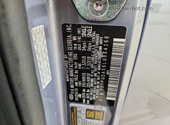 5XYPGDA56LG664166 2020 KIA SORENTO Silver VIN კოდის სტიკერის ხედი