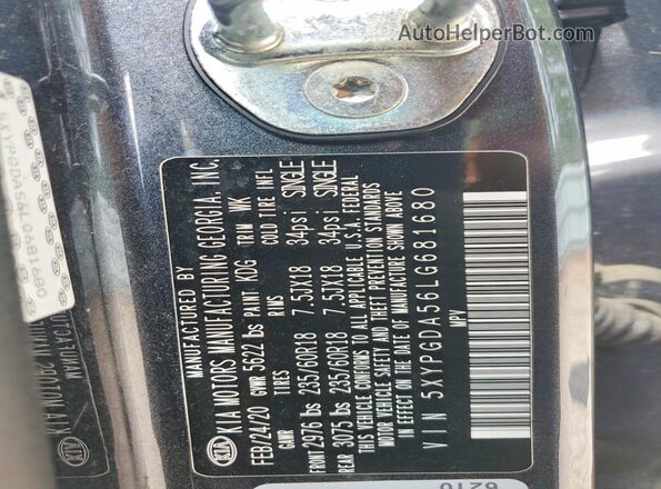 5XYPGDA56LG681680 2020 KIA SORENTO Gray Widok komory silnika