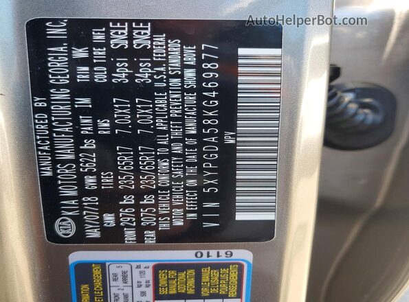 5XYPGDA58KG469877 2019 KIA SORENTO Gray VIN կոդի պիտակի տեսք