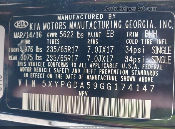 5XYPGDA59GG174147 2016 KIA SORENTO Black Widok komory silnika