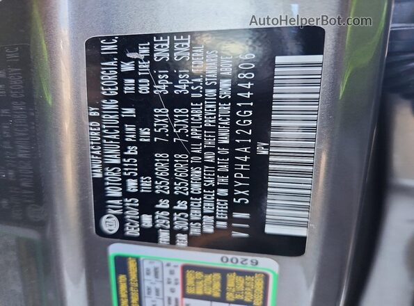5XYPH4A12GG144806 2016 KIA SORENTO Gray 