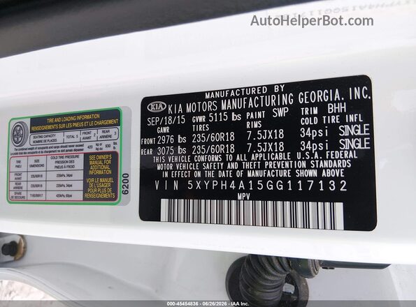 5XYPH4A15GG117132 2016 KIA SORENTO White Widok komory silnika
