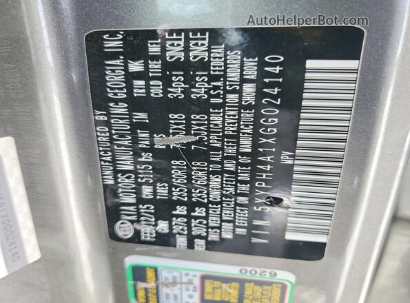 5XYPH4A1XGG024140 2016 KIA SORENTO Gray VIN կոդի պիտակի տեսք