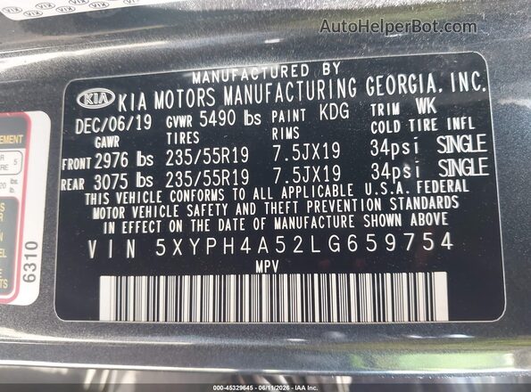 5XYPH4A52LG659754 2020 KIA SORENTO Pewter ძრავის განყოფილების ხედი