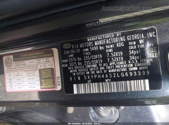 5XYPH4A52LG693399 2020 KIA SORENTO Gray Engine compartment view
