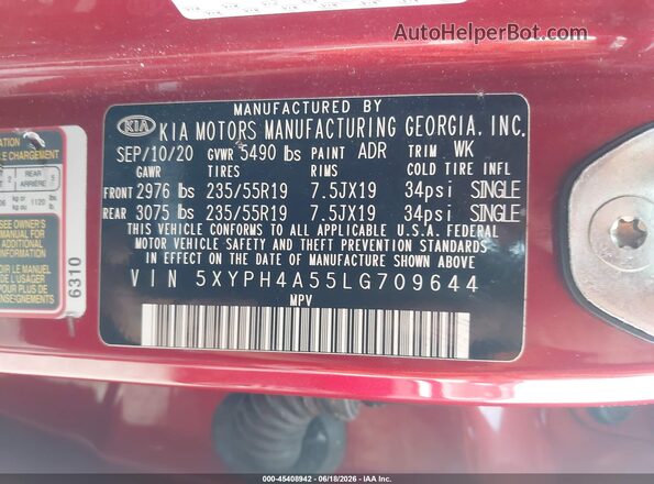 5XYPH4A55LG709644 2020 KIA SORENTO Red Widok komory silnika