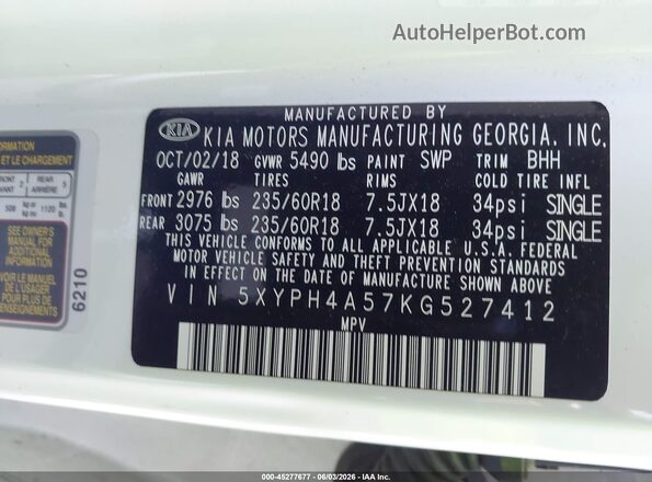 5XYPH4A57KG527412 2019 KIA SORENTO White ძრავის განყოფილების ხედი