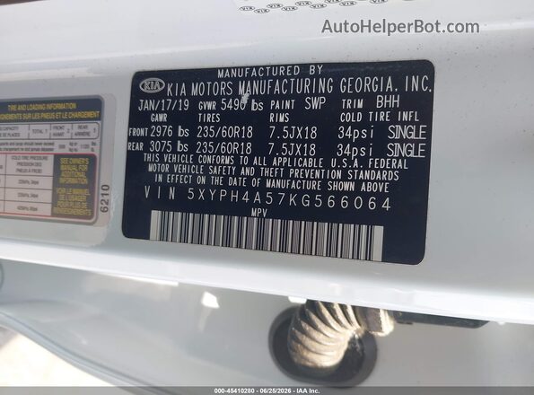 5XYPH4A57KG566064 2019 KIA SORENTO White Engine compartment view