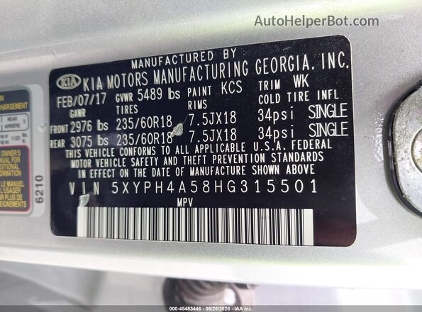 5XYPH4A58HG315501 2017 KIA SORENTO Silver Widok komory silnika