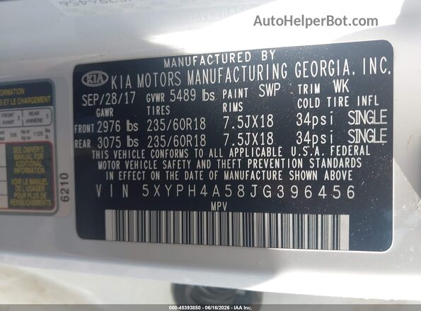 5XYPH4A58JG396456 2018 KIA SORENTO White Widok komory silnika