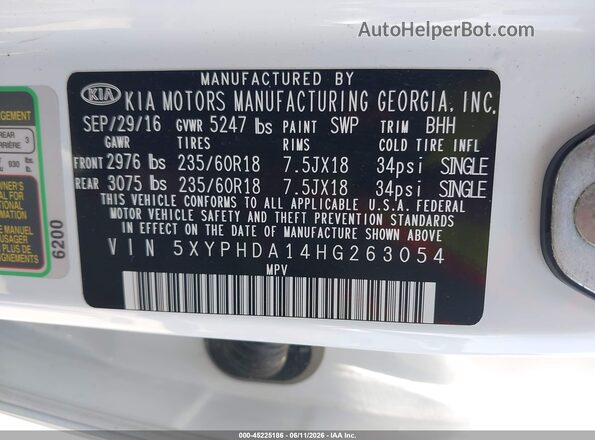 5XYPHDA14HG263054 2017 KIA SORENTO White Շարժիչի բաժամունքի տեսք