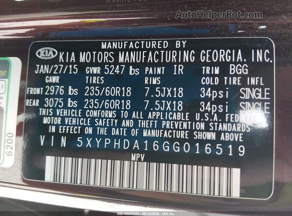 5XYPHDA16GG016519 2016 KIA SORENTO Бордовый 