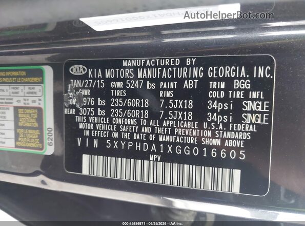 5XYPHDA1XGG016605 2016 KIA SORENTO Gray ძრავის განყოფილების ხედი