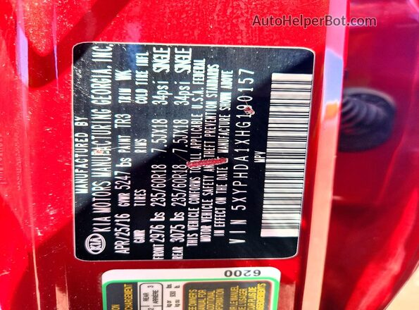 5XYPHDA1XHG190157 2017 KIA SORENTO Red Vista del compartimento del motor