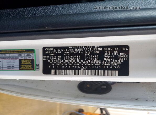 5XYPHDA1XHG191468 2017 KIA SORENTO White 