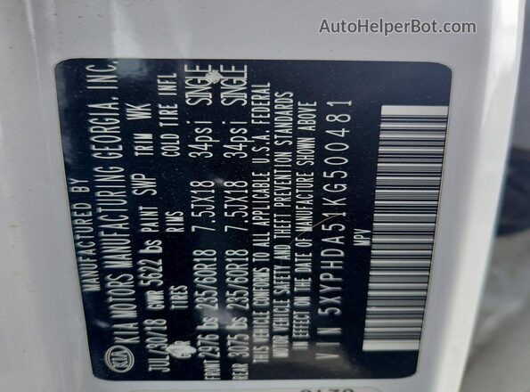 5XYPHDA51KG500481 2019 KIA SORENTO White 